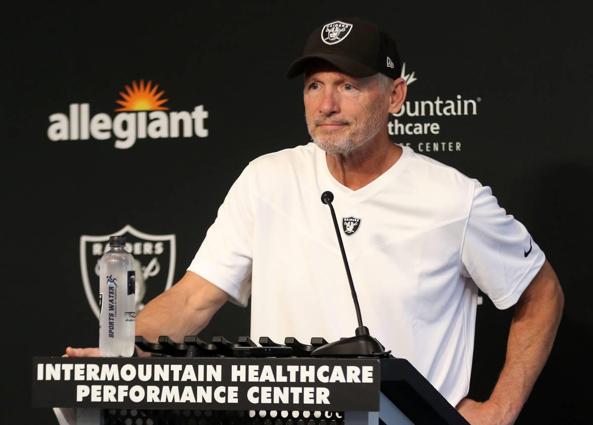 Raiders general manager Mike Mayock fields questions from the media at the Raiders Headquarters ...