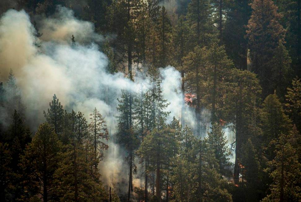 Flames burn on a leading edge of the Caldor Fire as it moves along State Route 89 on Wednesday, ...
