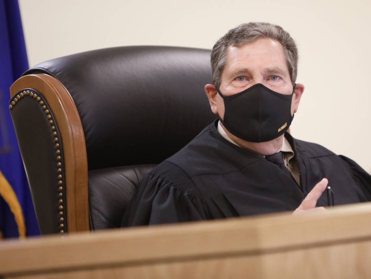 Pahrump Justice of the Peace Kent Jasperson speaks during a hearing for Heather Pate, Kevin Den ...