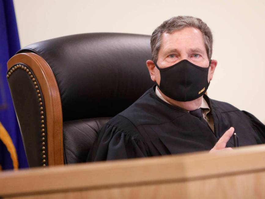 Pahrump Justice of the Peace Kent Jasperson speaks during a hearing for Heather Pate, Kevin Den ...