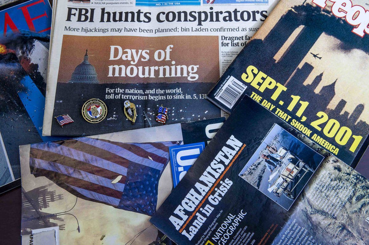 Magazines and newspaper editions featuring 9/11 coverage, collected by the Las Vegas FBI divisi ...