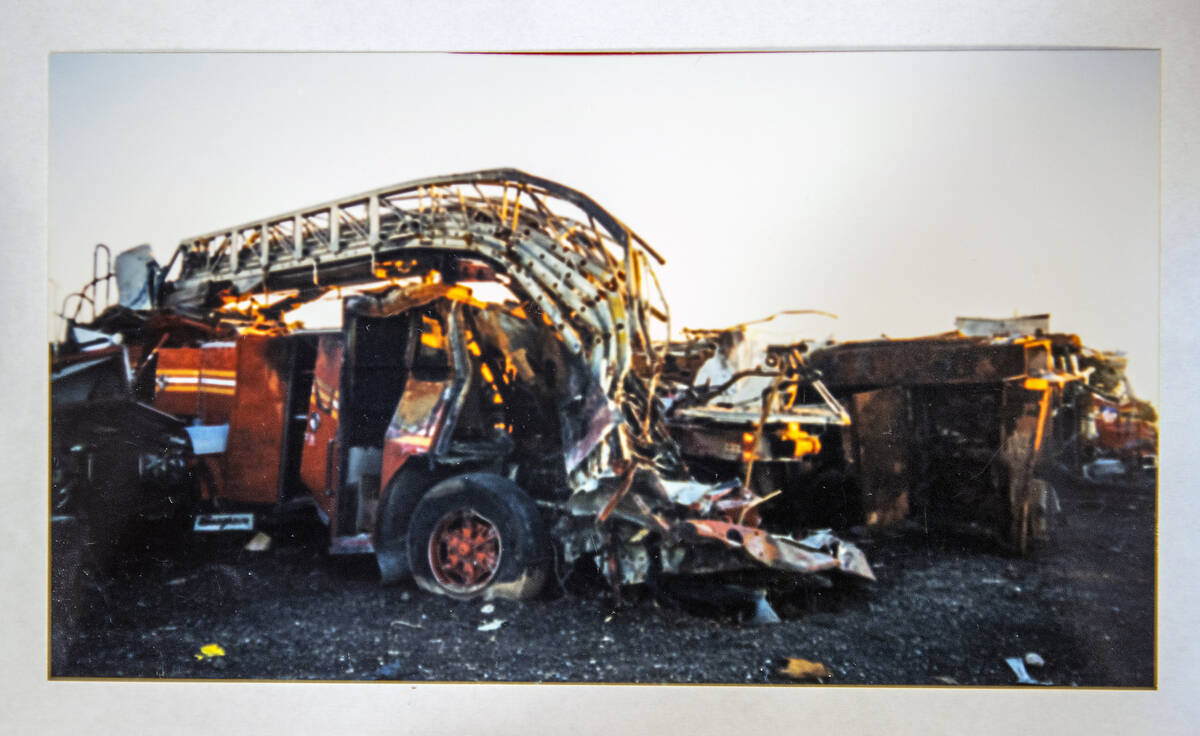 A mangled firetruck in an image taken by FBI Special Agent Tracy Dockery while working to sort ...