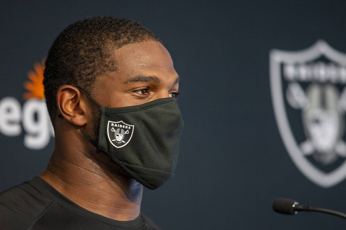Raiders middle linebacker Denzel Perryman speaks to media at the Raiders Headquarters at the In ...