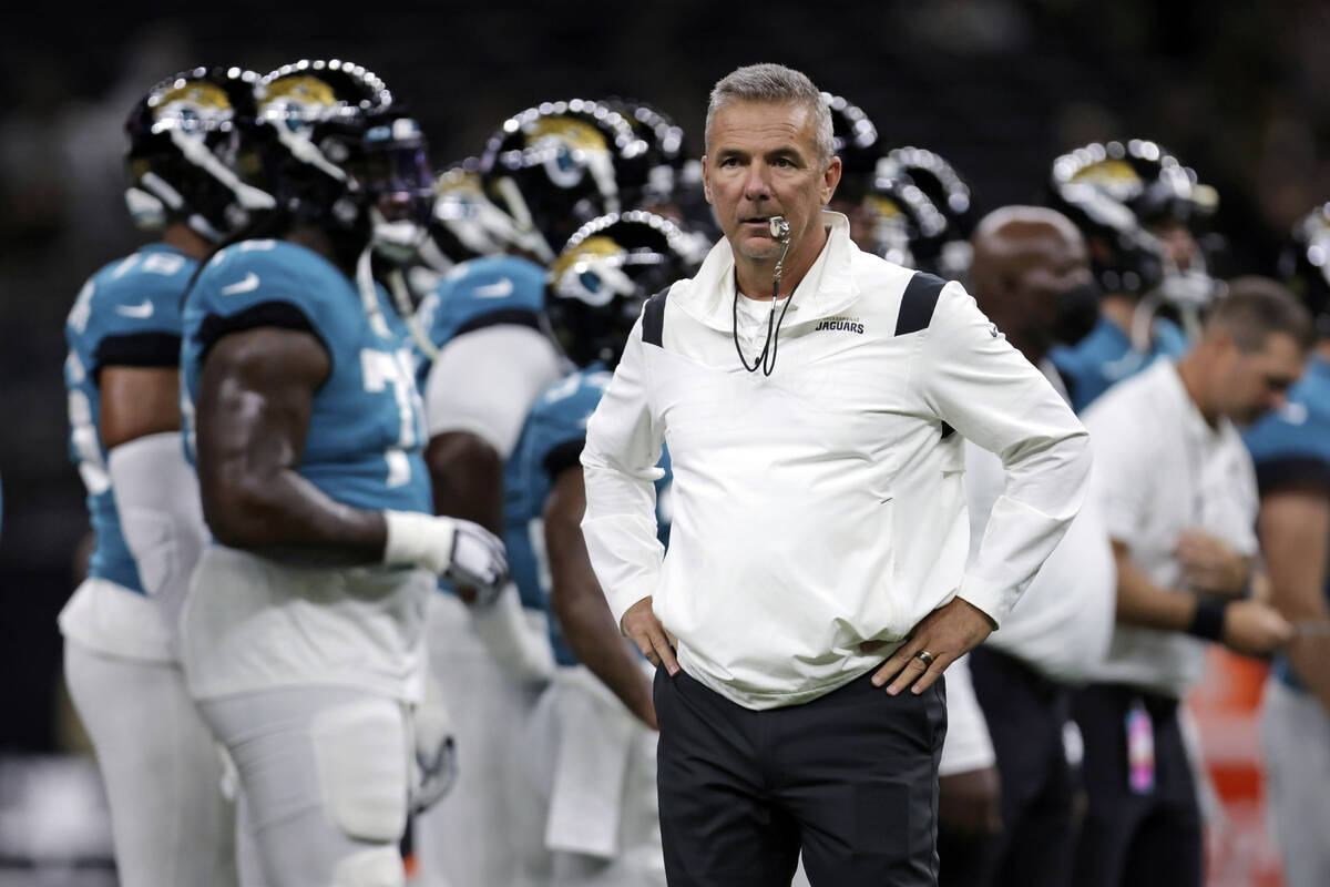 FILE - In this Monday, Aug. 23, 2021, file photo, Jacksonville Jaguars head coach Urban Meyer w ...