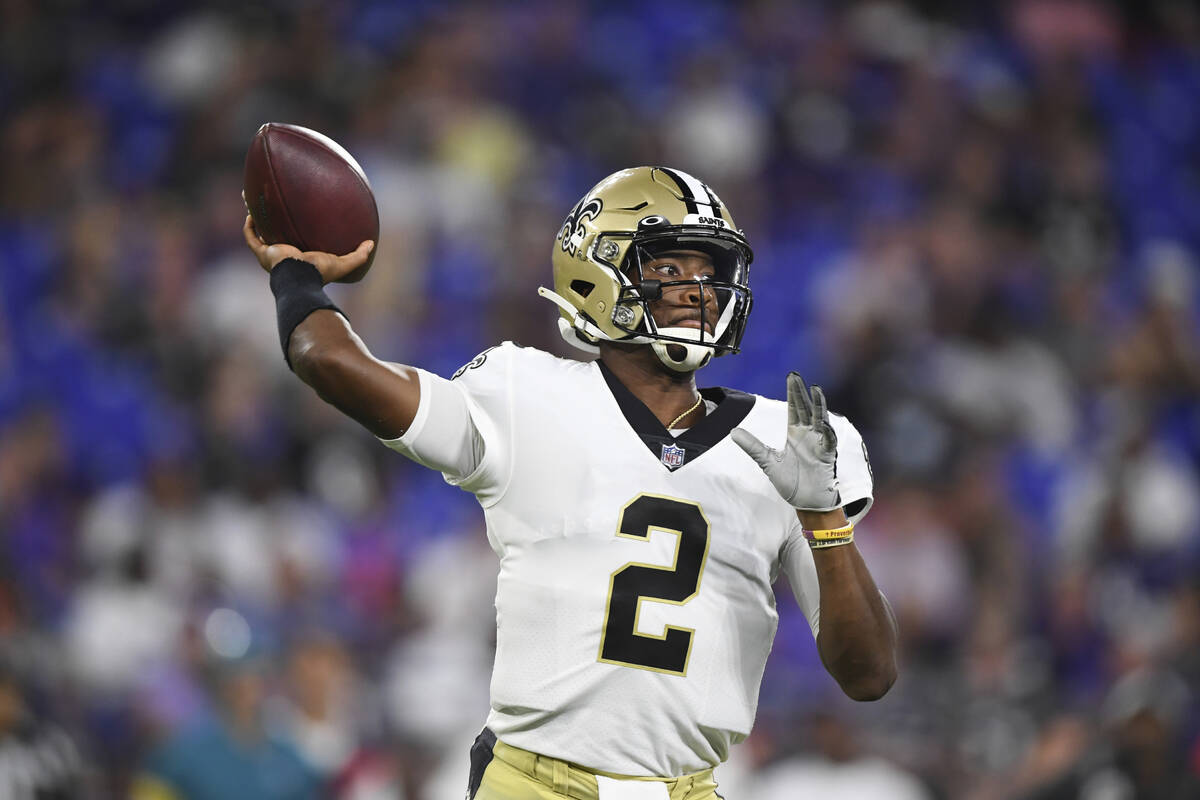 New Orleans Saints quarterback Jameis Winston (2) throws a pass during the second quarter of an ...