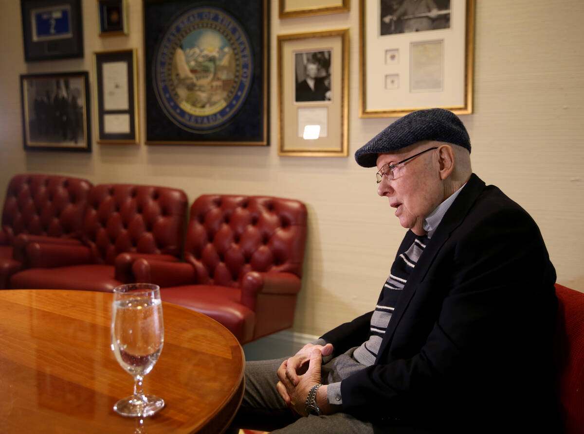 In this Dec. 16, 2019, file photo, former Sen. Harry Reid talks to a reporter in his office at ...