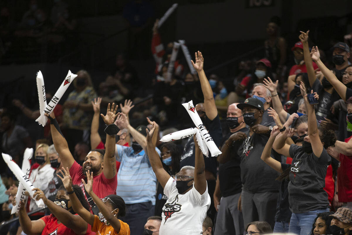 Las Vegas Aces fans participate in half time entertainment during a WNBA game against the Chica ...