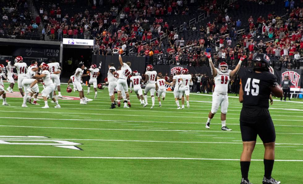 UNLV Rebels tight end Gio Fauolo Sr. (45) watches as Eastern Washington University players cele ...