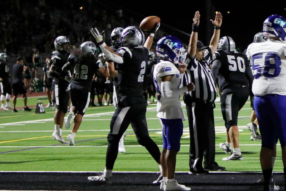 Palo Verde High School's Paisley Nickelson (2) celebrates his touchdown during the second half ...