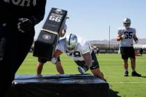 Raiders offensive lineman Jeremiah Poutasi participates in drills during training camp at Raide ...