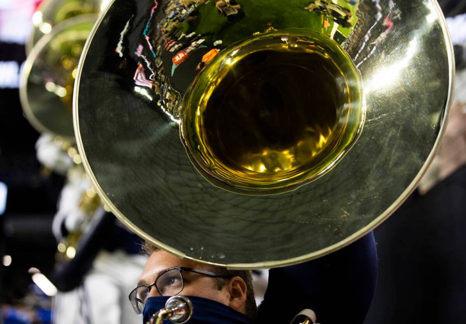 The BYU marching band performs in the first quarter during a college football game against the ...