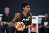 Las Vegas Aces forward Angel McCoughtry sets up a play during the first half of Game 5 of a WNB ...