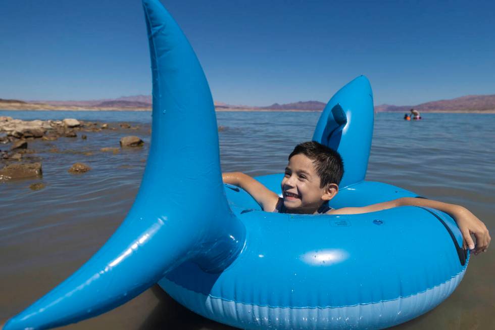 Mason Soto, 6, enjoys playing in Lake Mead on Labor Day on Monday, Sept. 6, 2021, near Boulder ...