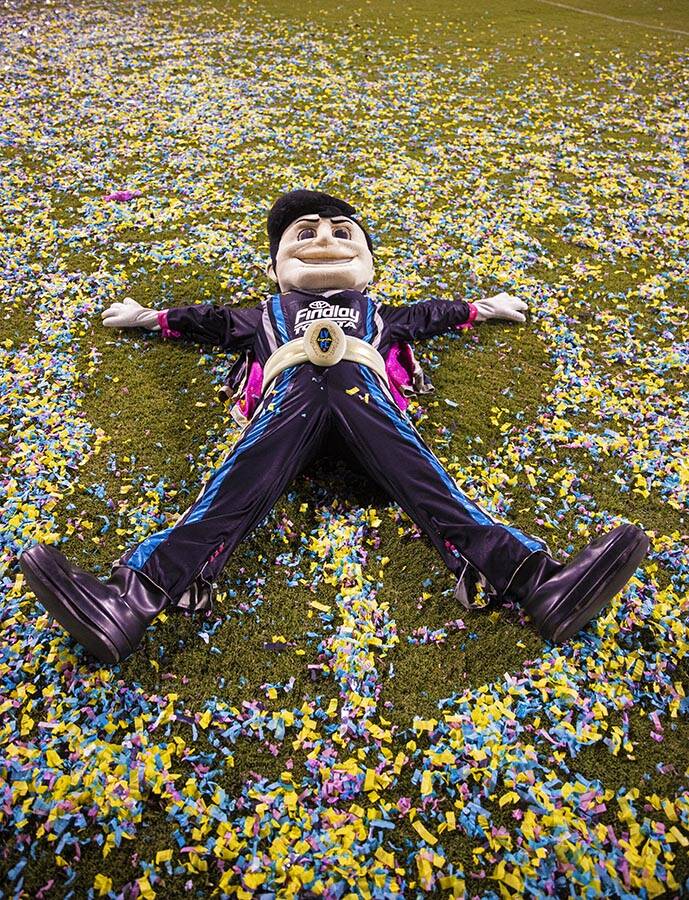 Cash the Soccer Rocker baths in confetti at the end of the annual “$5,000 Cash Drop pre ...