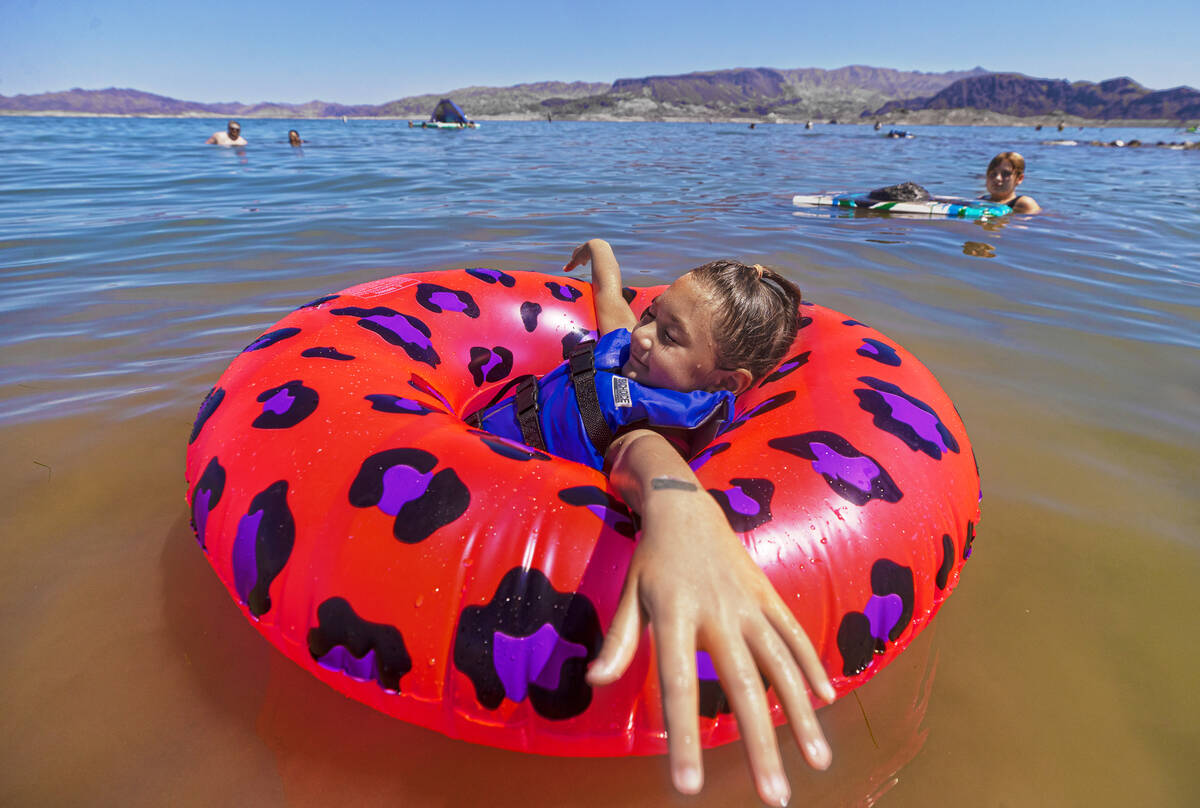 Leila Tillman, 6, floats in Lake Mead on Labor Day on Monday, Sept. 6, 2021, near Boulder City. ...