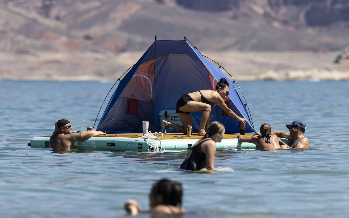 People try and stay cool in Lake Mead on Labor Day on Monday, Sept. 6, 2021, near Boulder City. ...