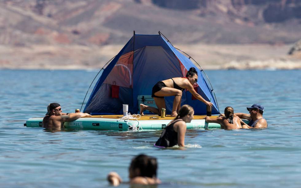 People try and stay cool in Lake Mead on Labor Day on Monday, Sept. 6, 2021, near Boulder City. ...