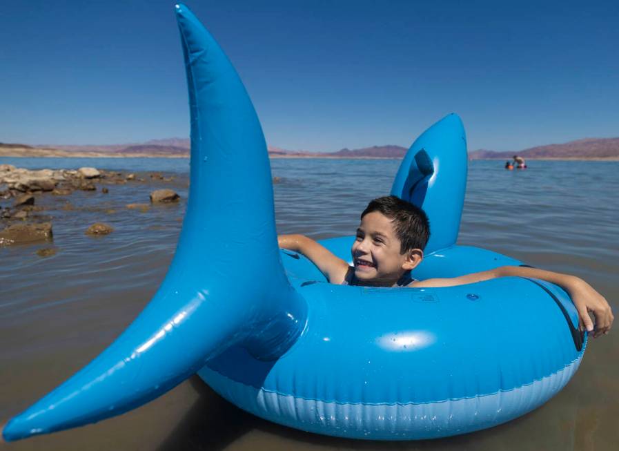 Mason Soto, 6, enjoys playing in Lake Mead on Labor Day on Monday, Sept. 6, 2021, near Boulder ...