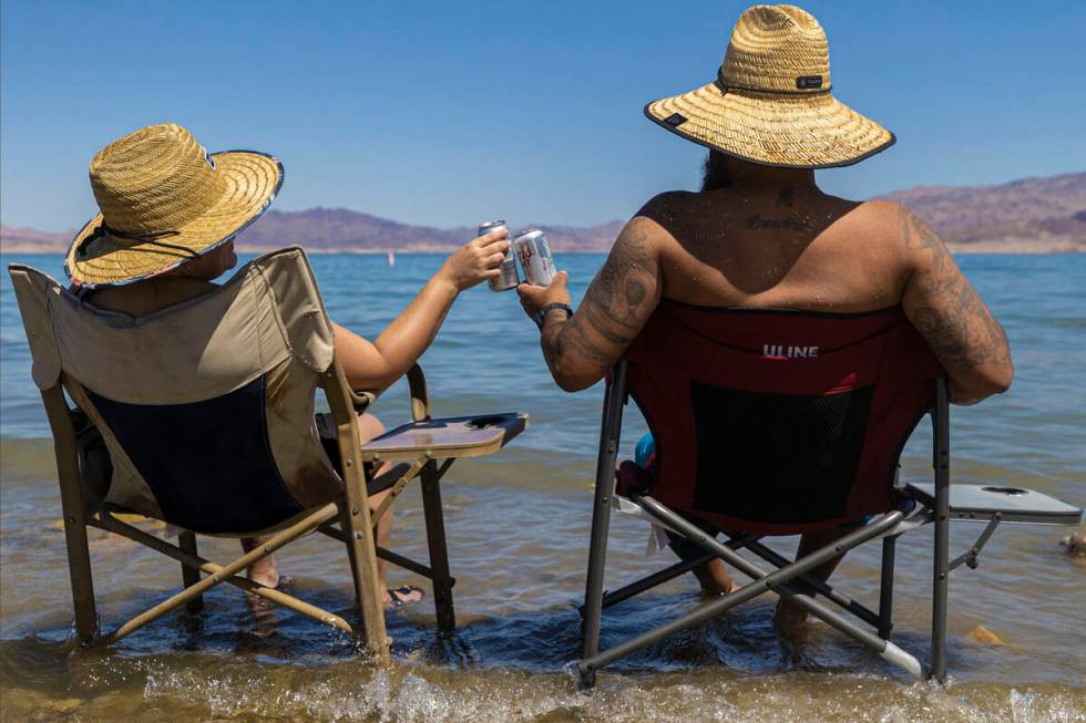 Rene, right, and Bea Cisneros relax at Lake Mead on Rene’s birthday on Monday, Sept. 6, 2021, ...