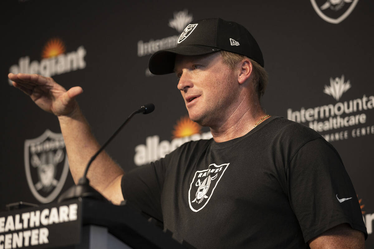 Raiders head coach Jon Gruden addresses the media at the conclusion of training camp on Saturda ...