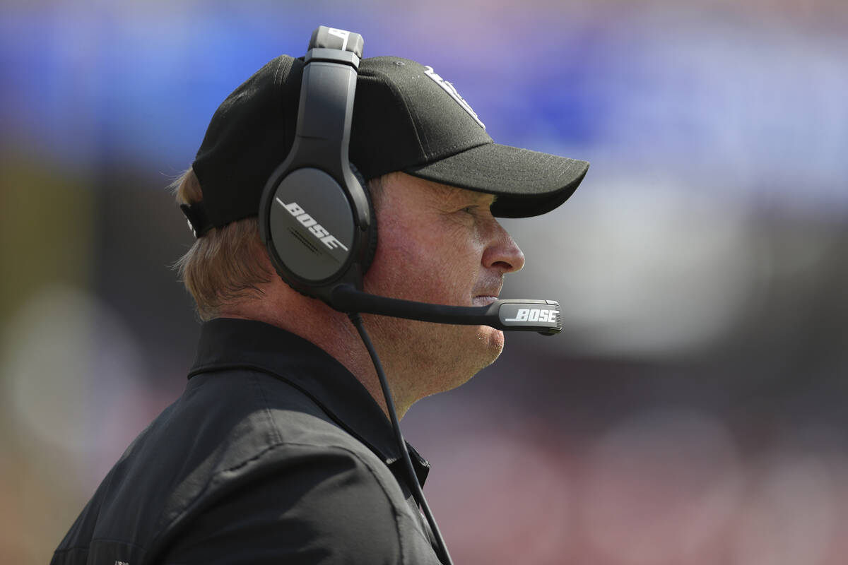 Las Vegas Raiders head coach Jon Gruden watches during the second half of his team's NFL presea ...