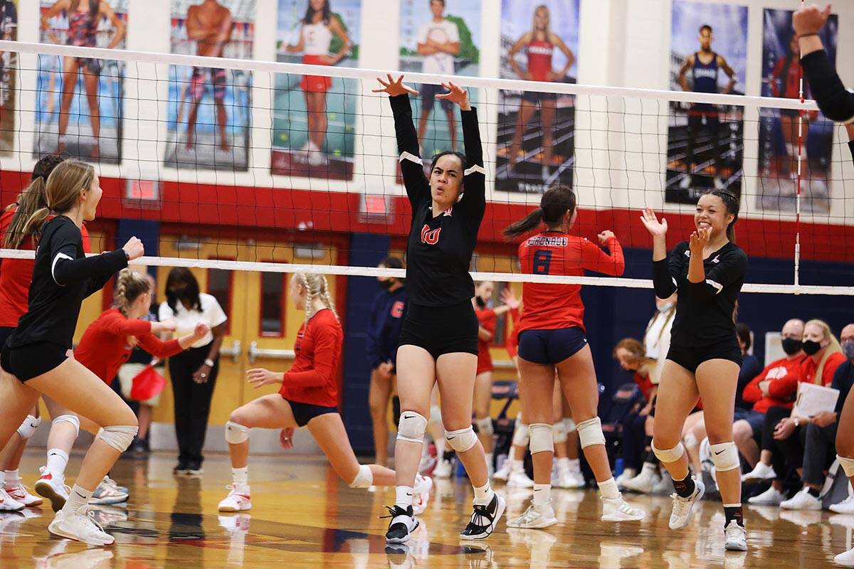 Liberty's Sophia Ortquist (10) reacts after a score against Coronado in a girls volleyball game ...