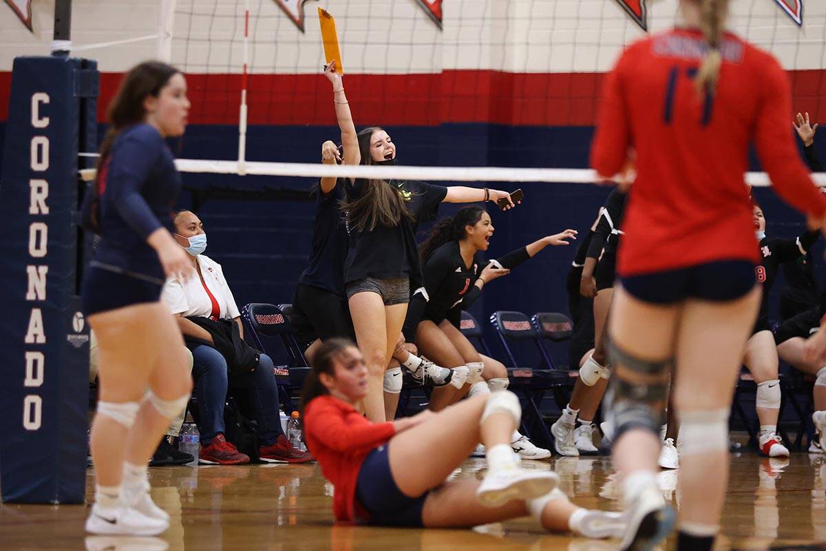 Liberty's bench reacts after a play against Coronado in a girls volleyball game at Coronado Hig ...