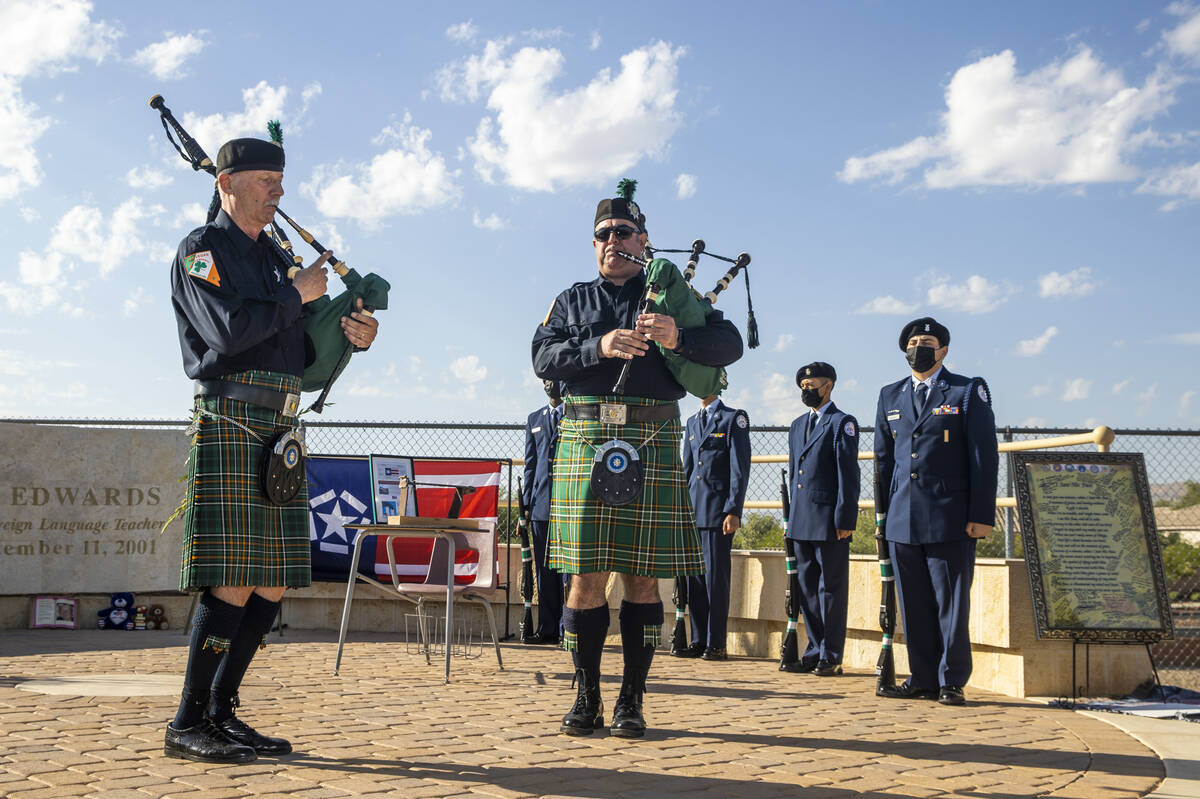 Southern Nevada police and fire agency bagpipers with the Las Vegas Emerald Society play "Amazi ...