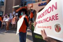 Abortion rights supporters gather to protest Texas SB 8 in front of Edinburg City Hall on Wedne ...