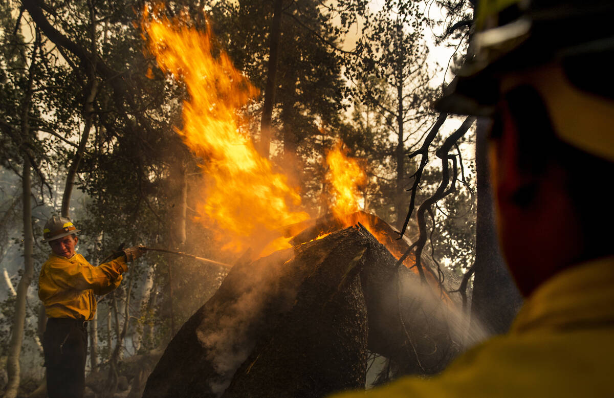 Division of Forestry wildland firefighters Neale Gonzales, left, and Sterling Whitecow attack a ...