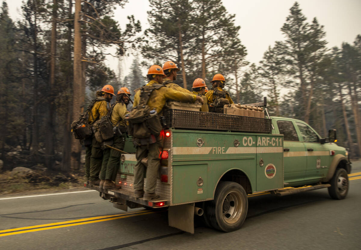 Division of Forestry wildland firefighters move along State Route 88 headed to attack spot fire ...
