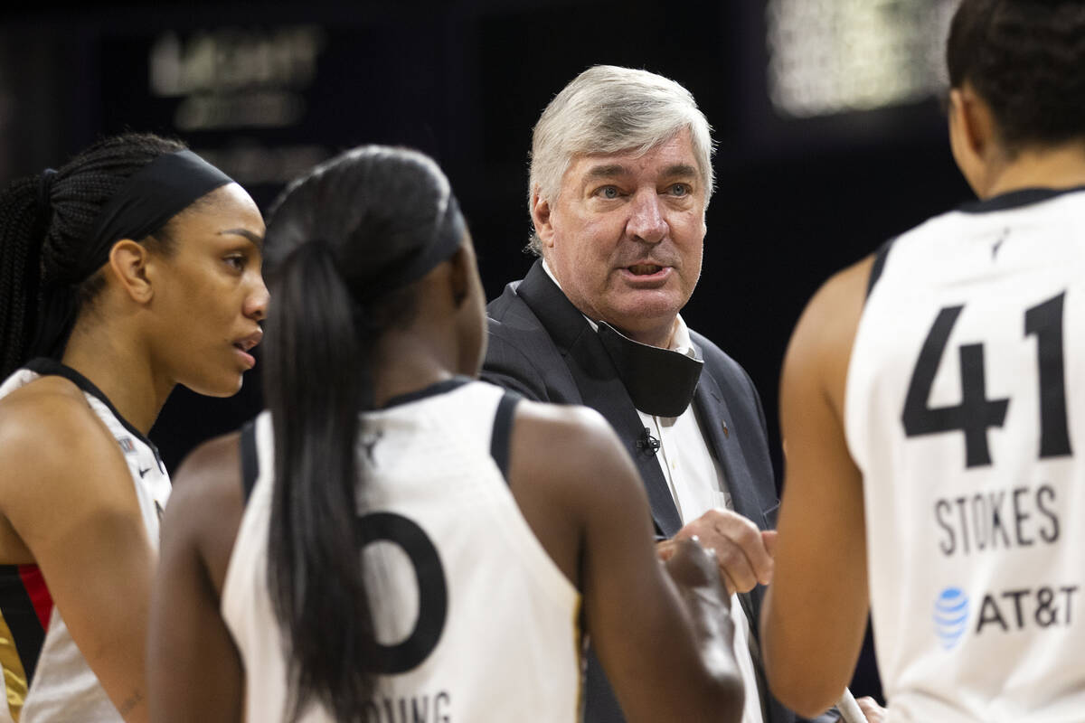 Las Vegas Aces head coach Bill Laimbeer speaks to the team ahead of a WNBA game against the Min ...