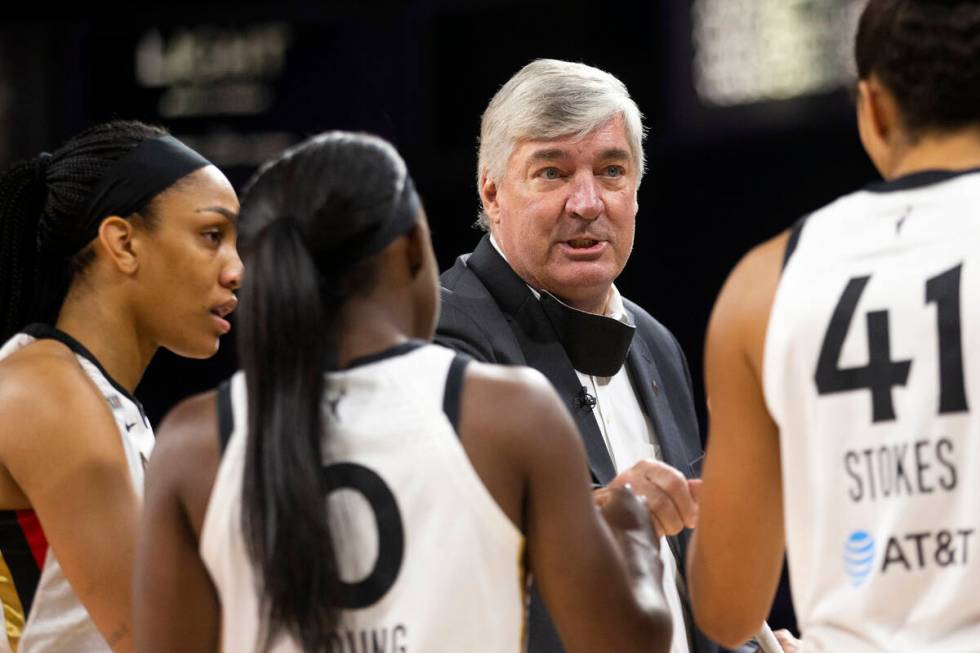 Las Vegas Aces head coach Bill Laimbeer speaks to the team ahead of a WNBA game against the Min ...