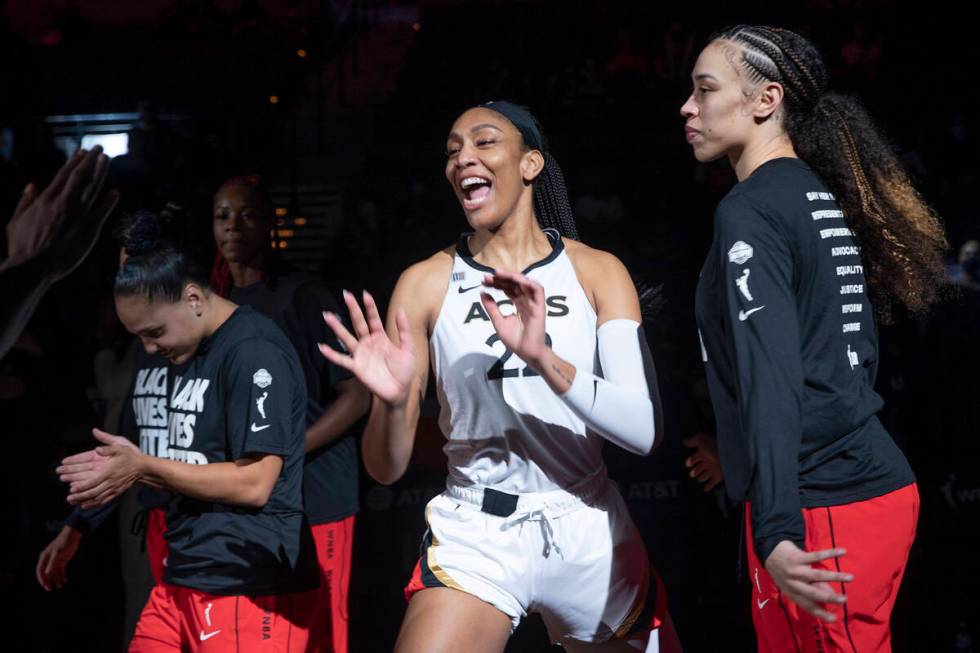 Las Vegas Aces forward A'ja Wilson (22) is announced in the starting lineup next to Las Vegas A ...