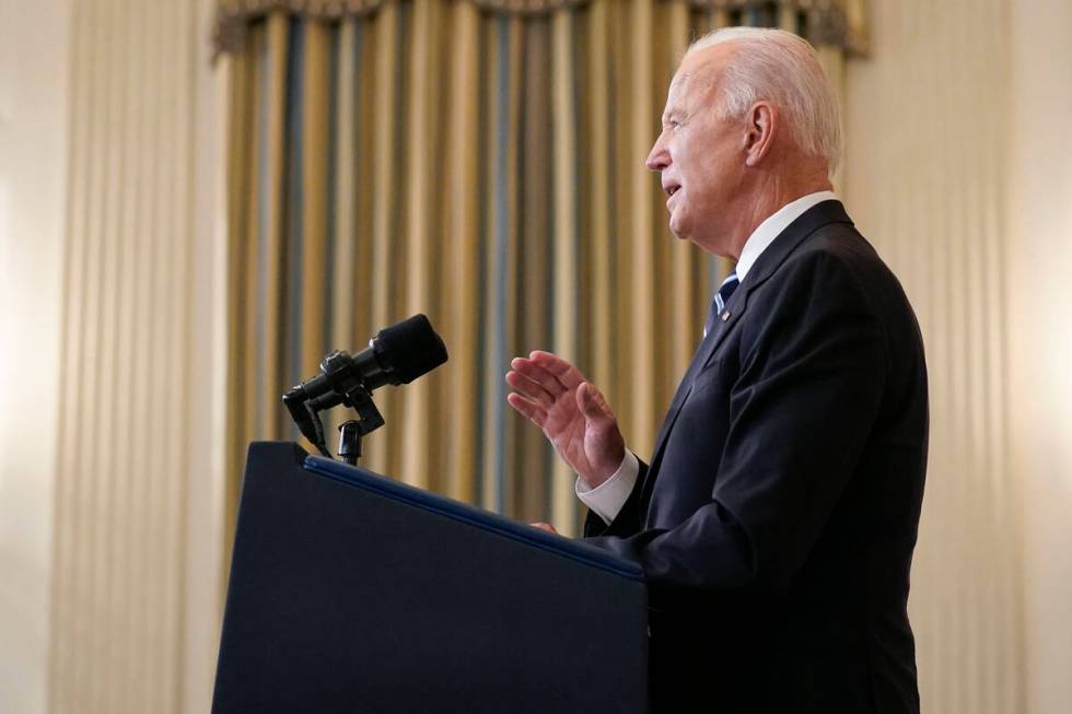 President Joe Biden speaks in the State Dining Room at the White House, Thursday, Sept. 9, 2021 ...