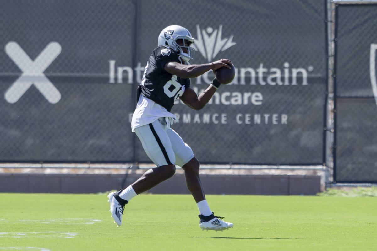 Raiders wide receiver Bryan Edwards (89) makes a catch during team practice at the Raiders Head ...