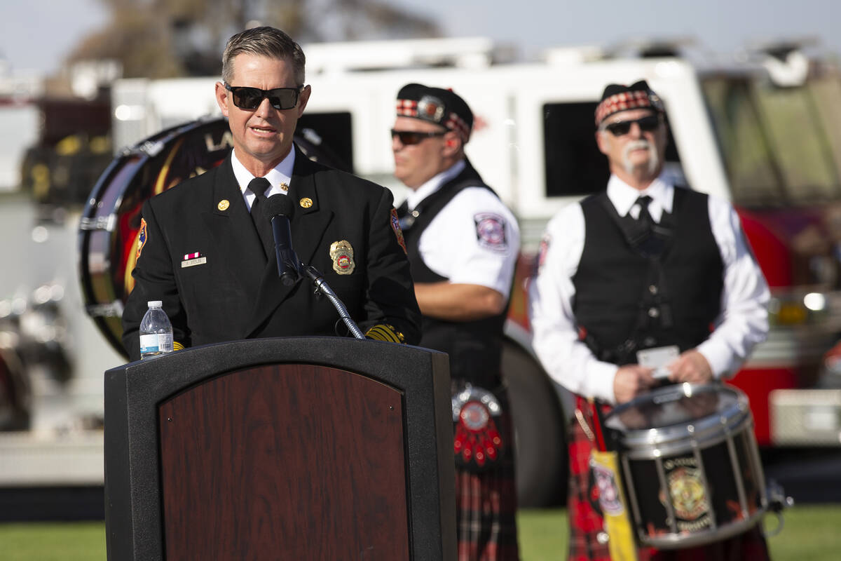 North Las Vegas Fire Department Deputy Chief Gary Stover speaks during the Nellis Fire and Emer ...