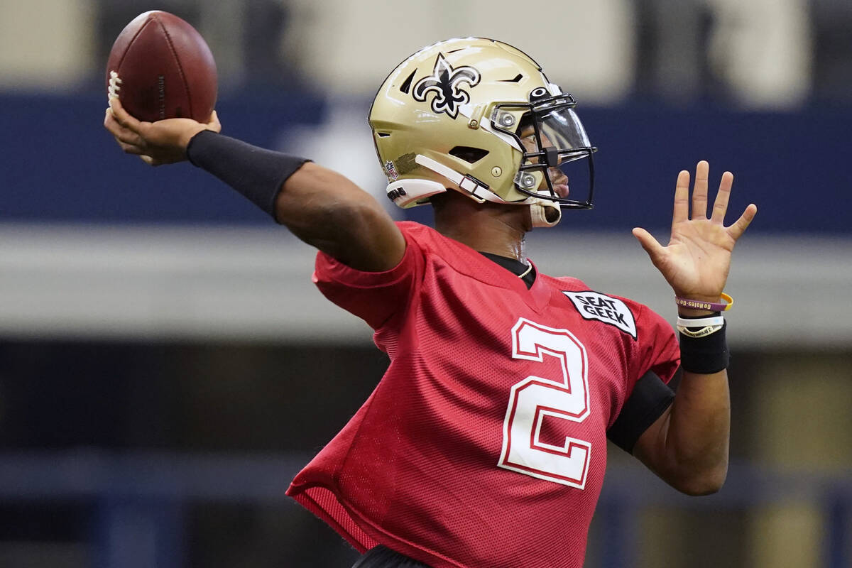 New Orleans Saints quarterback Jameis Winston (2) passes during during NFL football practice in ...