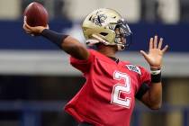 New Orleans Saints quarterback Jameis Winston (2) passes during during NFL football practice in ...