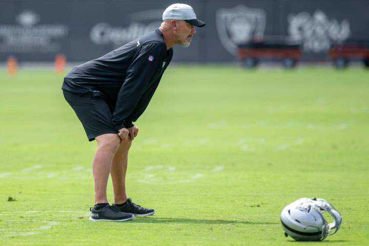 Raiders defensive coordinator Gus Bradley watches practice at the Raiders Headquarters at the I ...