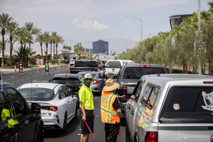 Traffic outside Allegiant Stadium before the start of an NFL preseason football game between th ...