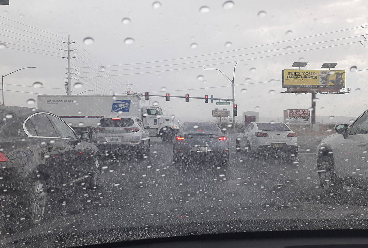 Plenty of windshields had raindrops on them Friday, Sept. 10, 2021, as large parts of the Las V ...