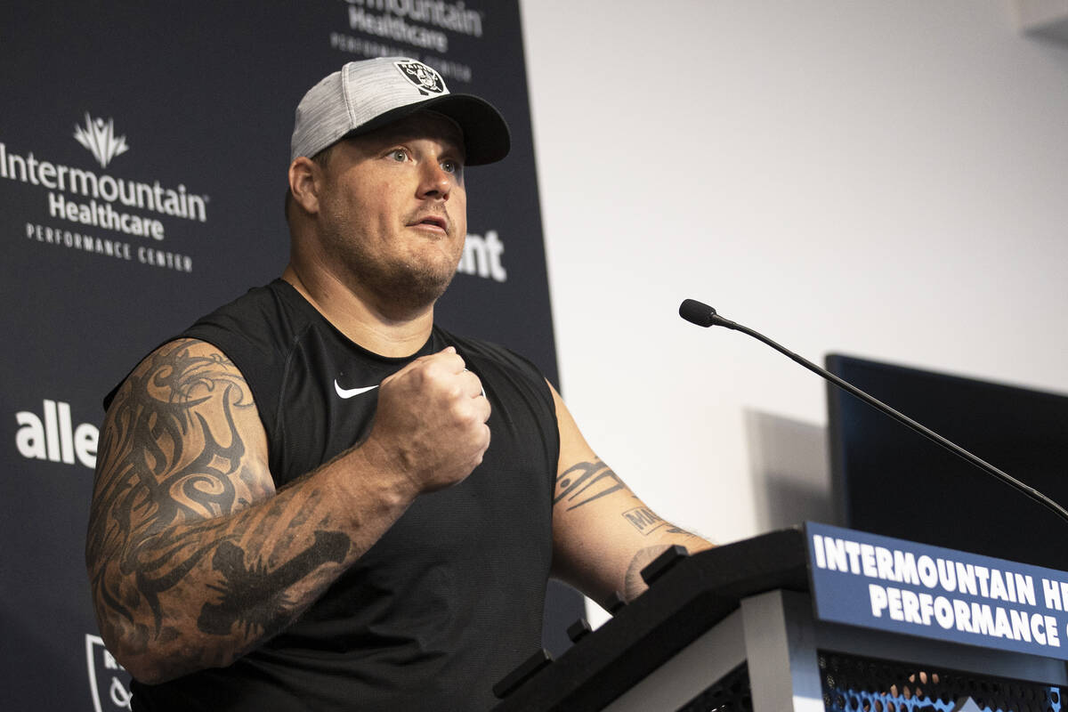 Raiders offensive guard Richie Incognito (64) speaks to the media after training camp on Monday ...