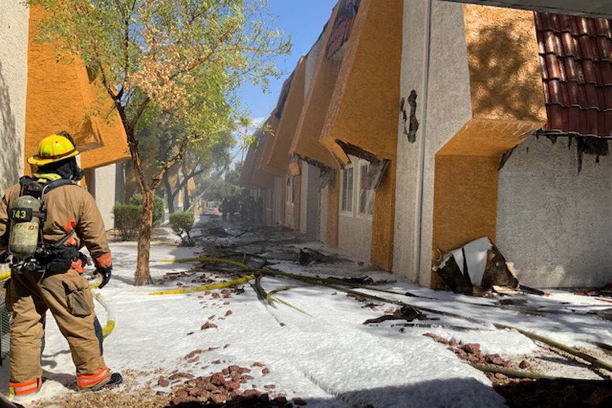 Crews battle a fire Saturday, Sept. 11, 2021, at Sundance Village Apartments on the 6500 block ...