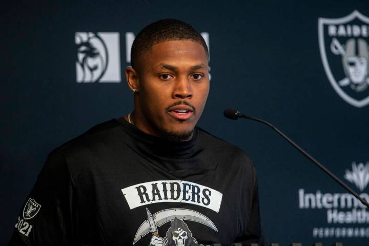 Raiders running back Josh Jacobs answers questions during a news conference at the Raiders Head ...