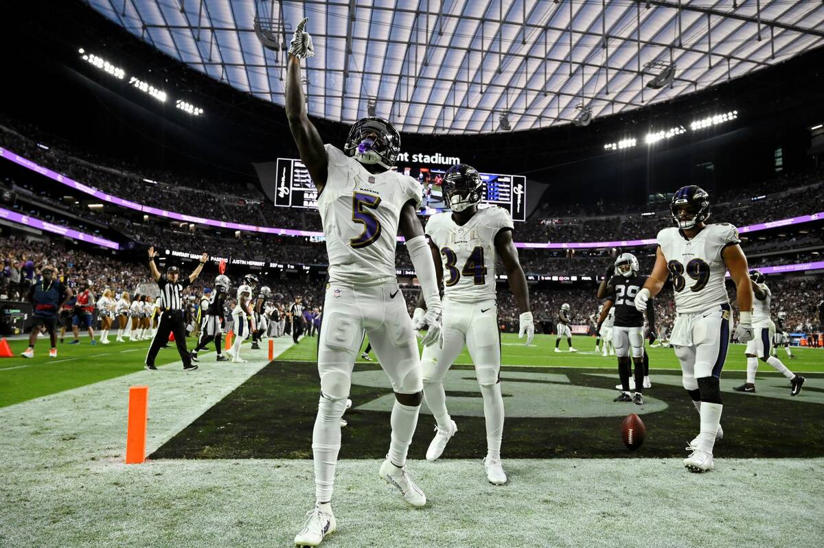 Baltimore Ravens wide receiver Marquise Brown (5) celebrates after scoring a touchdown against ...