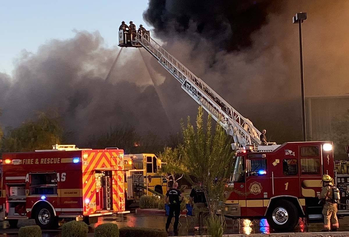Las Vegas and Clark County fire departments assist with an early morning fire at Republic Servi ...