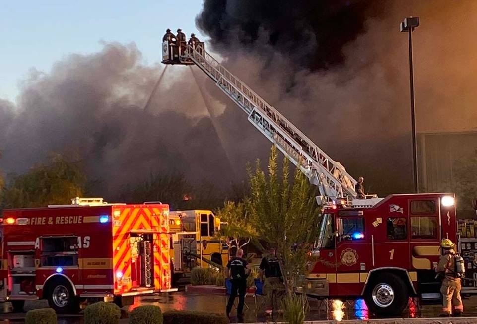 Las Vegas and Clark County fire departments assist with an early morning fire at Republic Servi ...