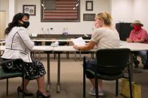 LuAnn Holmes, left, city clerk at City of Las Vegas, and Molly Taylor, Expel Michele organizer, ...