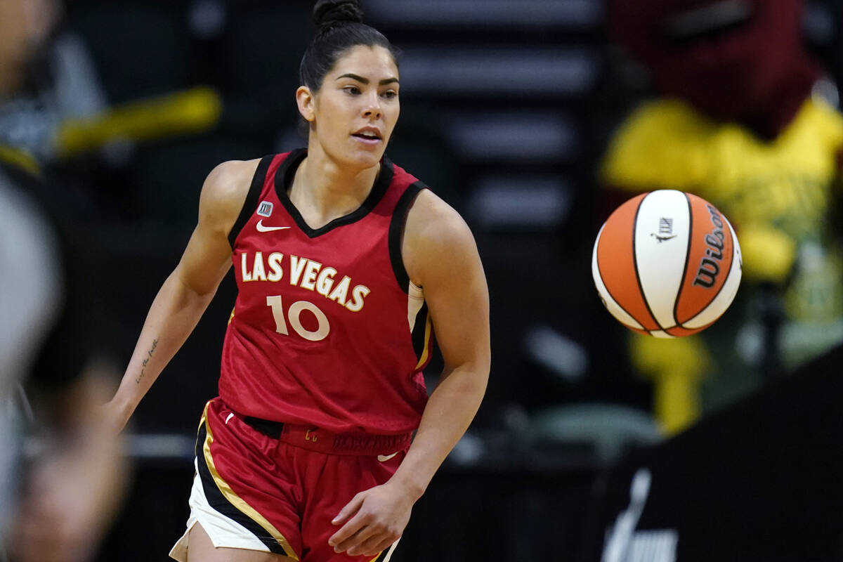 Las Vegas Aces' Kelsey Plum in action against the Seattle Storm during WNBA basketball game Sat ...